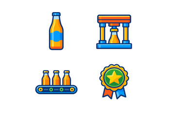 Four colorful icons showing a bottle, a bottling machine, a conveyor belt with bottles, and an award badge for beverage quality