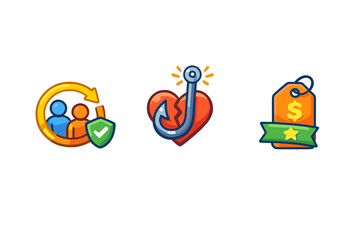 Fototapeta premium Icons represent relationship management, fraud risks, and pricing strategies in digital marketing for effective online business