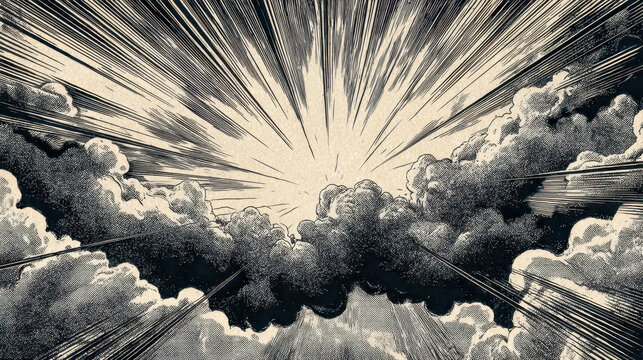Dramatic vintage style illustration of rays of light bursting through dark, dense clouds creating a powerful and dynamic celestial atmosphere in monochrome tones