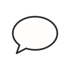 A simple black outline shape represents an oval speech bubble pointing downward, signifying dialogue or communication.