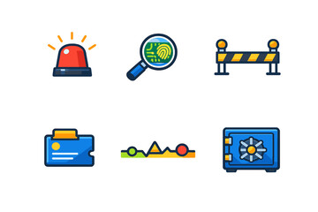 Icons for crime investigation tools, safety equipment, and security features used in various law enforcement scenarios and safety protocols