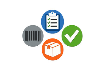 Symbols show different aspects of logistics and inventory management for tracking packages and orders