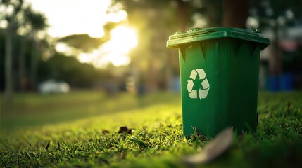 Fototapeta premium green plastic garbage bin with a recycling sign on the grass