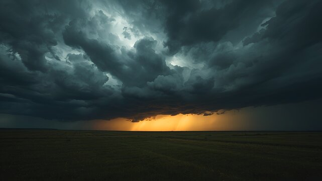 Dramatic storm clouds over a dark field with golden sunlight breaking through the horizon at sunset