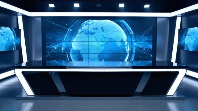 Modern news studio with sleek blue background and illuminated desk