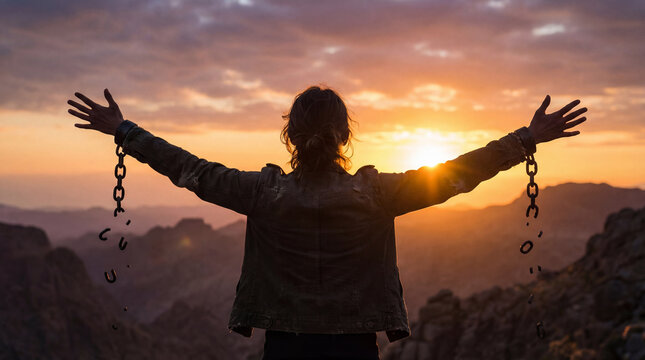 Spirit soars free above the majestic mountains as golden sunset rays illuminate a triumphant escape from chains