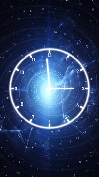 Futuristic digital clock concept symbolizing time in a virtual world, with glowing clock face, binary code, and abstract data streams. Vertical seamless looping.