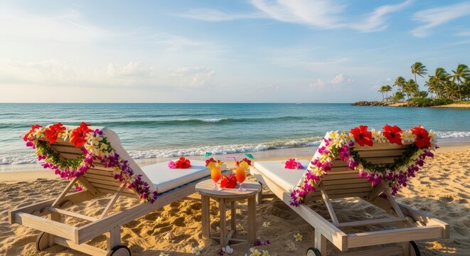 Romantic beach setup with two decorated lounge chairs facing the turquoise ocean under a blue sky. illustration