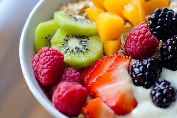 Obraz premium Healthy breakfast bowl features fresh fruits and creamy oats served in a cozy kitchen setting in the morning