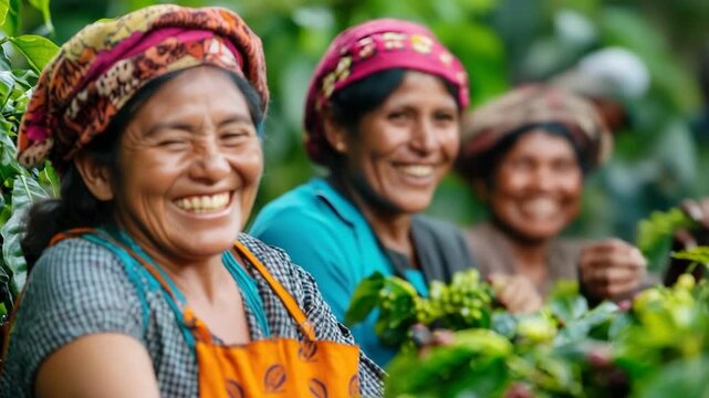 Happy indigenous women farmers harvesting ripe red coffee beans from a lush green plant on a plantation in South America, smiling and looking at the camera with satisfaction