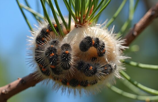 Group of pine processionary caterpillars cling together on pine tree branch. Black, orange fuzzy larvae form large cluster, causing damage, defoliation to pine needles. Pest infestation poses threat