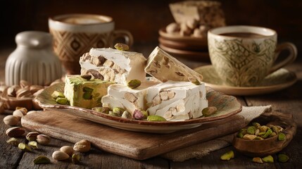 Fototapeta premium Assorted Traditional Sweets on Plate with Nuts and Coffee Cups in Cozy Setting for Culinary Photography and Food Blogging