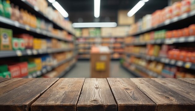 Empty rustic wooden table foreground. Blurred supermarket aisle with shelves stocked with goods. Interior retail shop scene. Space for product placement or advertorial use.