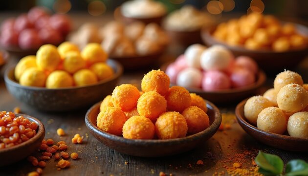 Assortment of colorful Indian sweets arranged in bowls. Delicious traditional festive desserts offer variety for celebrations like Raksha Bandhan. Tasty treats are ready to eat.
