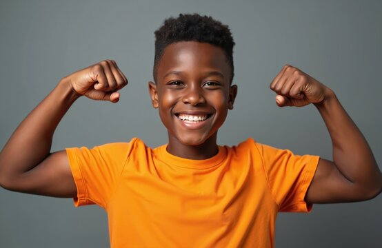 Black boy smiles, flexing arm muscles, orange shirt. Young male shows strength, confidence, and happiness. Energetic youth portrait, studio setting against grey background.