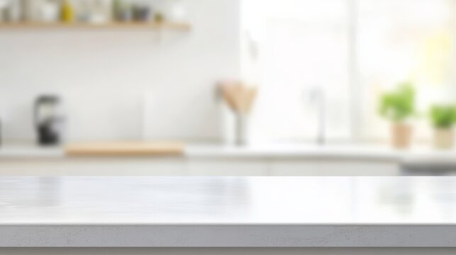 Countertop is empty in a home kitchen with a blurred background