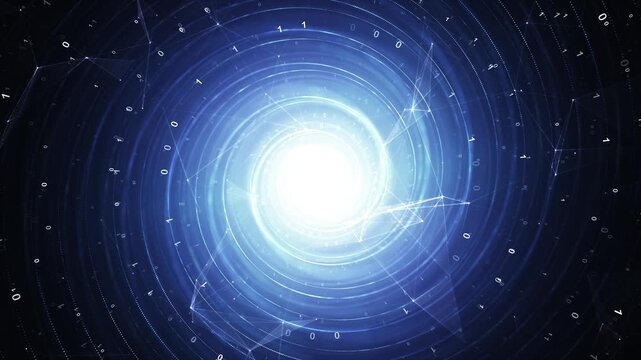 A glowing blue digital vortex with binary numbers and geometric lines rotating simultaneously clockwise and counterclockwise, symbolizing data flow, duality and advanced technology. Loop.