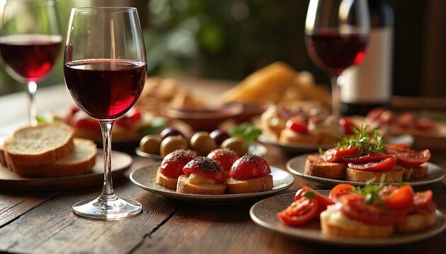 Red wine glasses and tapas plates fill wooden table. Appetizers include tomatoes olives bread cheese. Perfect for social gatherings, casual dining, or a sophisticated wine tasting event.