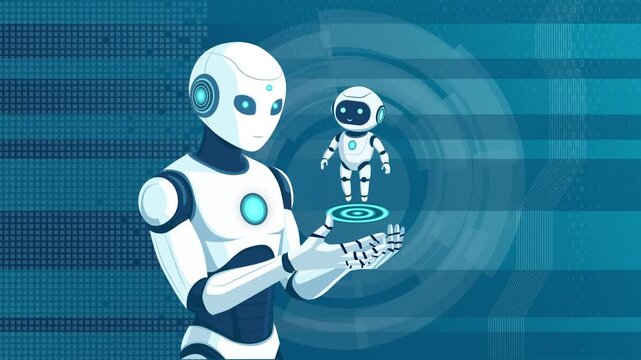 2d Animated AI robot with moving arms. Robotics. Isolated 2D cartoon AI android character in a flat color style, filmed in 4K resolution for web design. Chatbot. AI brain.