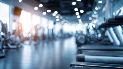 Abstract blurred fitness center background with modern gym equipment. Brightly lit, fully equipped workout space creating a sleek, contemporary atmosphere.
