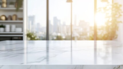 Fototapeta premium Bright morning sunlight shining on empty white marble countertop in modern kitchen space for product display and mockups