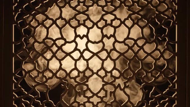 Intricate geometric patterns frame a swirling mist. Warm light illuminates the ethereal smoke and shadows.