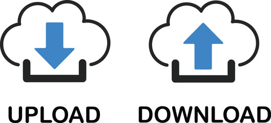 Upload and download cloud symbols with blue arrows for web interface design