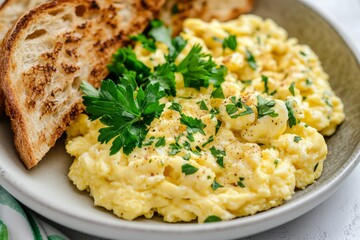 Fluffy scrambled eggs served with toasted bread and fresh parsley for a hearty breakfast experience