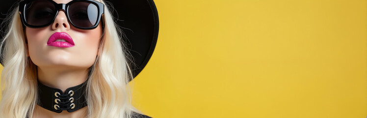 Young woman with blonde hair wears black hat, sunglasses, choker. Bright lipstick complements her fashionable look. Yellow background with copy space.