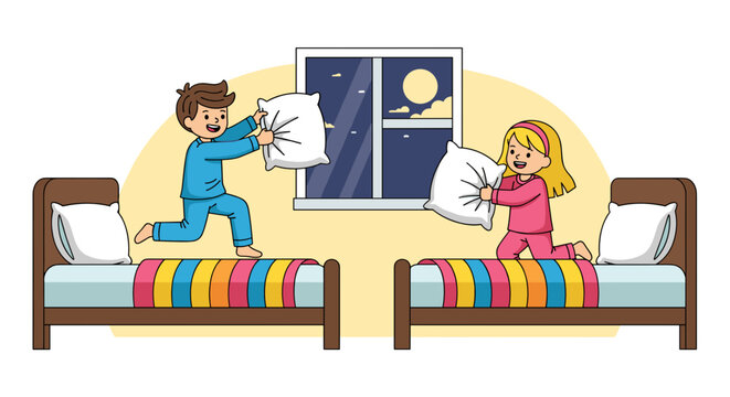 Pilly fight between children in pajamas at nighttime indoors  