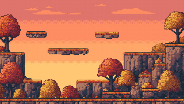 Pixel art game vector landscape with autumn trees and floating platforms. Retro 8 bit side-scrolling video game background.