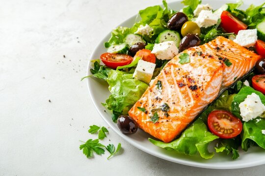 Grilled salmon fillet served with salad made of tomatoes, olives, lettuce, and feta cheese on a white table with space