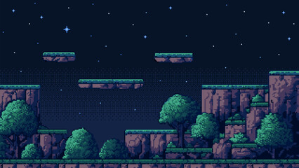 Pixel art game background with night forest landscape and stars. Retro video game level design. Platformer arcade graphic asset. © hiten666