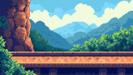 Pixel art game background with a mountain landscape and a road or bridge. Retro arcade vector design for 8 bit gaming. © hiten666