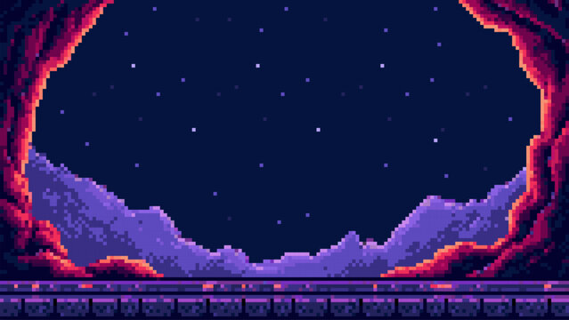 Pixel art cave entrance with starry night sky. Retro 8 bit background for video game level design. Arcade fantasy adventure game backdrop.