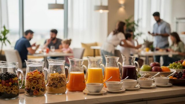 Weekend family morning at a hotel breakfast buffet highlighting vibrant cereal jars and fresh juices with playful kids and parents softly out of focus in seating area.
