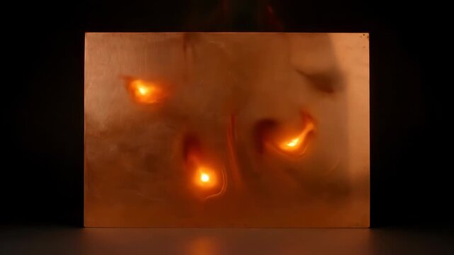 A copper plate ignites with vibrant flames. The fire dances across the metallic surface.