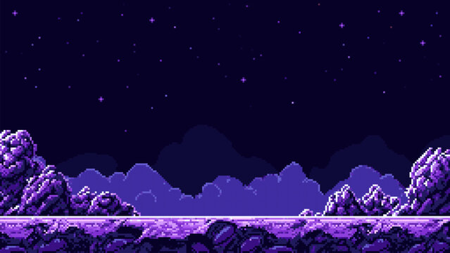 Pixel art landscape with purple mountains and night sky with stars. Retro 8 bit background for video game, level design, or digital animation.