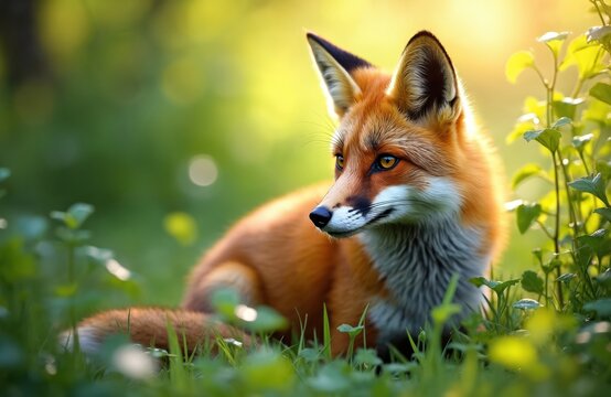 Red fox rests in rich green grass during sunny day. This wild mammal has bright orange fur and alert eyes, looking intently to the side with sharp ears pricked up.