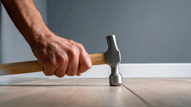 Man using a hammer with a wooden handle to carefully tap and secure flooring planks during home renovation or installation in a modern indoor setting