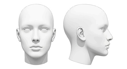 White 3D render human head model, front and side view, blank facial features, isolated on white