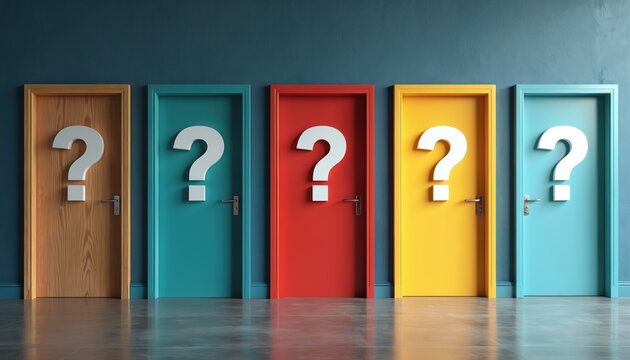 Five doors of various colors, marked with large white question mark, represent choices, possibilities. Person faces multiple paths decisions, uncertainty, doubt, need for selection strategy.