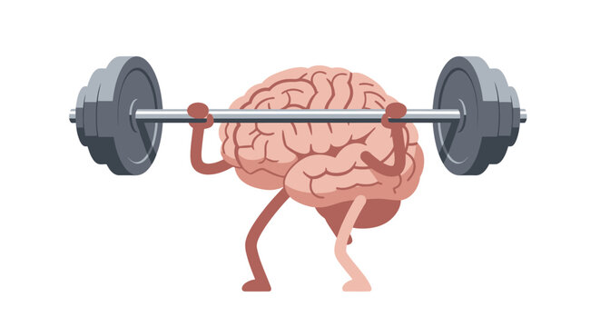 Brain lifting barbell vector illustration, mental strength and intelligence concept, isolated on white
