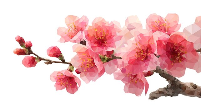 Digital illustration of delicate pink cherry blossoms in full bloom, branching from a sturdy brown branch, set against a pristine white background.