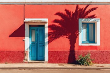 Obraz premium A vivid red wall features a striking blue door and window, casting interesting palm tree shadows on a sunny day in a lively urban setting