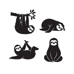 Naklejka premium Sloth Silhouette Vector Set, Sloth Animal Black and White Illustration, Sloth Silhouette Collection