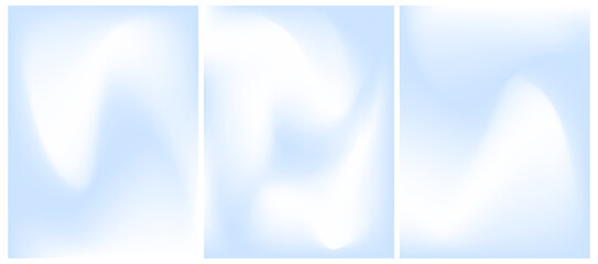 Soft wavy pastel cloudy gradient mesh posters set. Sky white blue vibrant gradient backgrounds. Blurry water smooth flow liquid wallpaper. Ocean bright summer blurry texture.