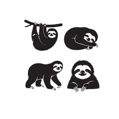 Naklejka premium Sloth Silhouette Vector Set, Sloth Animal Black and White Illustration, Sloth Silhouette Collection