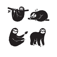 Naklejka premium Sloth Silhouette Vector Set, Sloth Animal Black and White Illustration, Sloth Silhouette Collection