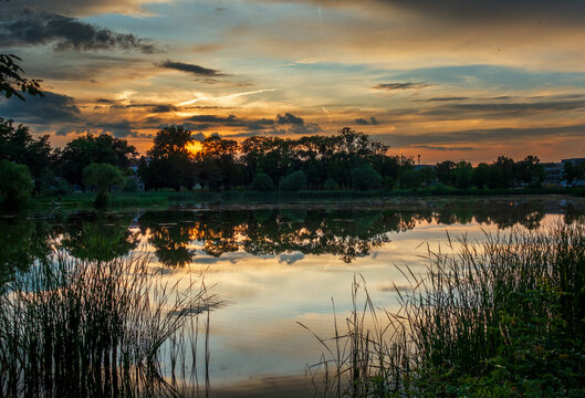Beautiful sunset on lake Bubanj in Kragujevac, central Serbia